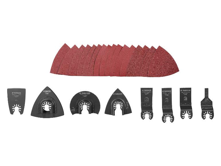 Accessoireset voor multifunctioneel gereedschap, inclusief zaagbladen en driehoekig schuurpapier.