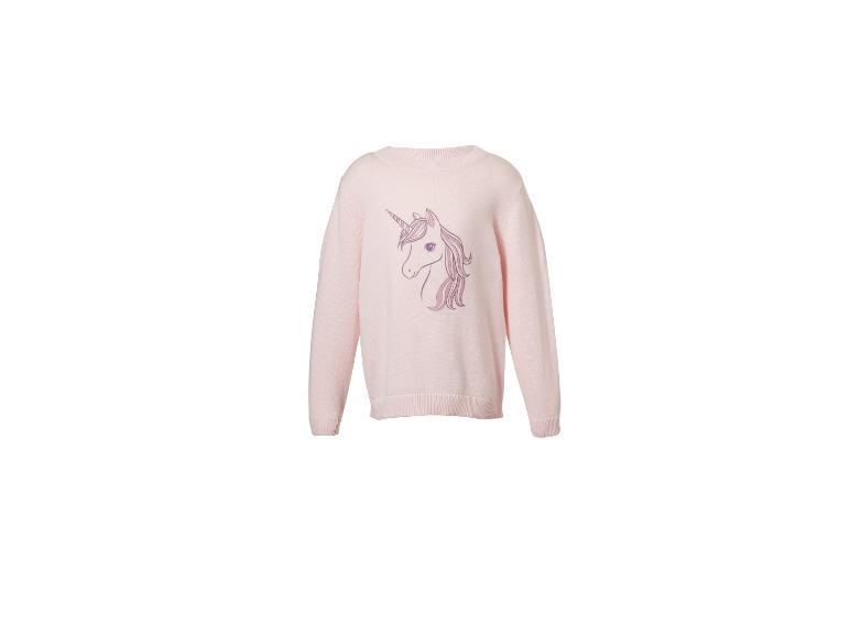 Lichtroze kinderpullover met een eenhoornmotief op de voorkant.