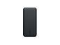 Batterie externe noire aux bords arrondis avec un logo en bas.