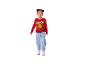 Petite fille souriante portant un sweat-shirt rouge Grinch et un jean bleu.
