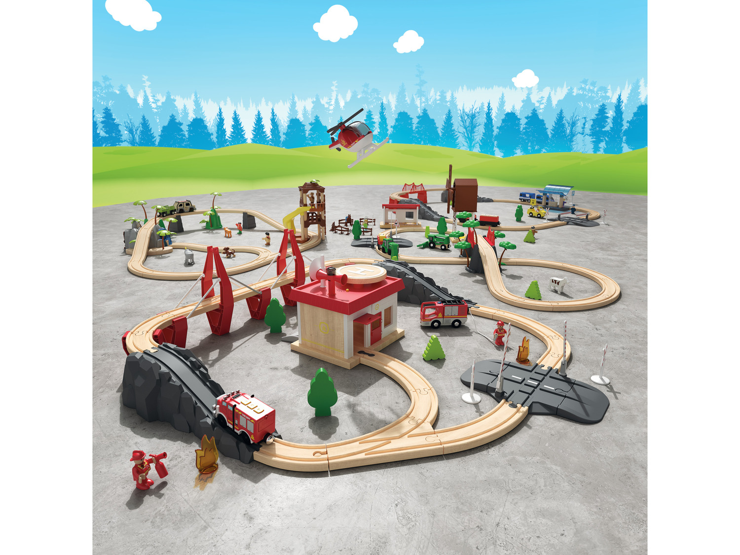 Playtive Set de chemin de fer en bois ferme ou pompiers