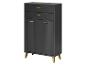 Une armoire gris foncé avec des poignées et des pieds dorés.