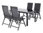 Ensemble de mobilier de jardin avec table noire et quatre chaises.