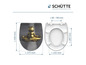 Een toiletbril met een afbeelding van een gouden kikker en een standaard witte toiletbril met afmetingen.