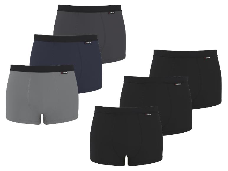 Lot de six boxers en coton pour hommes dans des tons gris, noirs et bleu marine.