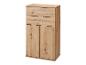 Meuble en bois avec trois tiroirs et deux portes, avec poignées métalliques.