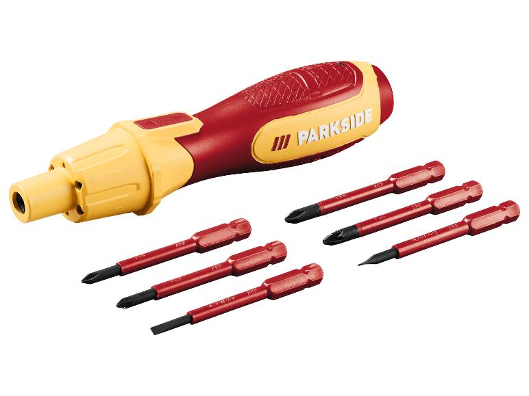 Parkside schroevendraaierset met rode handgreep en gele accenten, met zes verwisselbare bits.