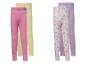 Twee paar kinderleggings: roze en geel, en wit bloemen met paars.