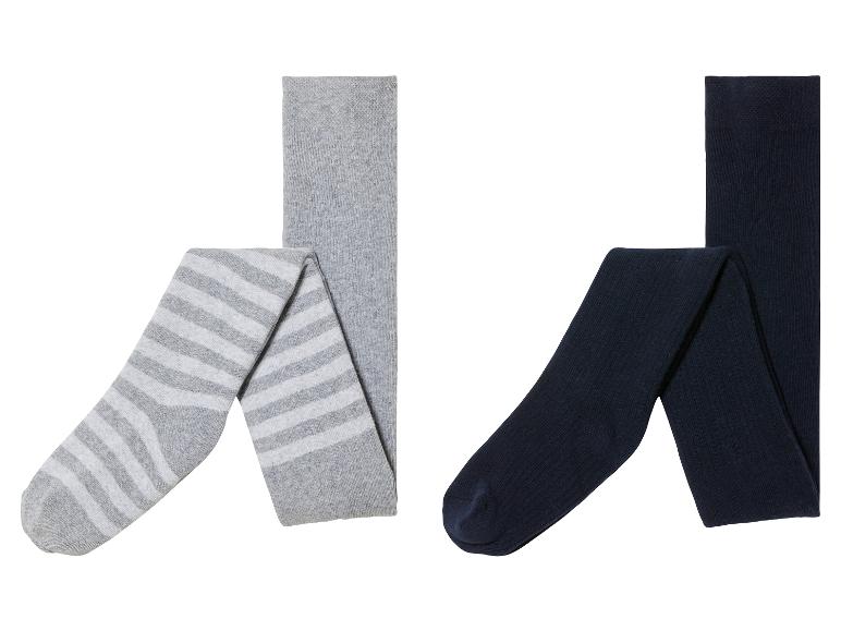 Deux paires de collants: un gris à rayures et un bleu marine uni.