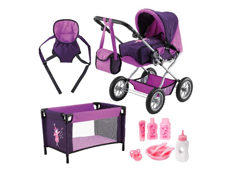 Paarse poppenwagen, draagzak, campingbedje en accessoires met elfenthema.
