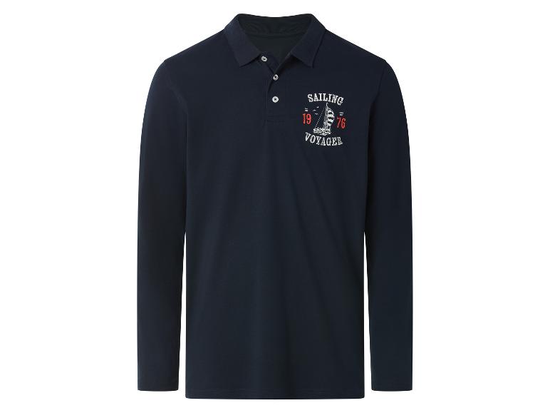 Polo à manches longues bleu marine pour homme avec motif 'Sailing Voyager 1976'.