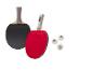 Deux raquettes de tennis de table Crivit (rouge et noire) et trois balles Crivit.