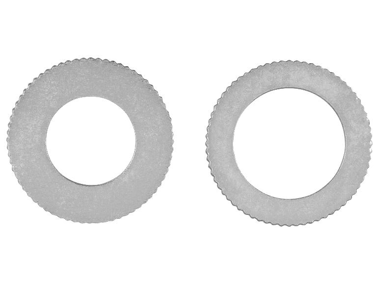 Deux rondelles métalliques avec des dents sur le bord extérieur.