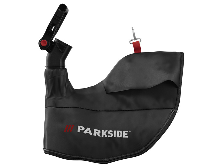 Een zwarte Parkside bladblazer tas met een bevestigingssysteem.