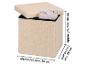 Pouf de rangement bouclé beige avec couvercle partiellement ouvert et couverture roulée à l'intérieur.