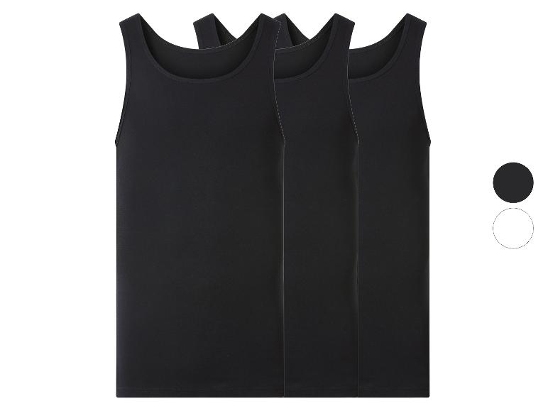 Verpakking van drie zwarte heren tanktops, met zwarte en witte kleuropties.