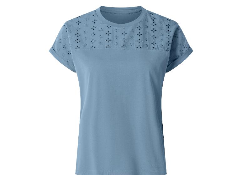 T-shirt bleu à manches courtes pour femme avec détails brodés ajourés aux épaules.