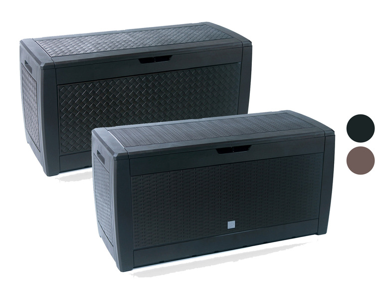 Deux coffres de rangement noirs avec un aspect en osier.