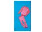 Roze en koraalkleurige sportkleding set, inclusief een top met lange mouwen en leggings, op een blauwe achtergrond.