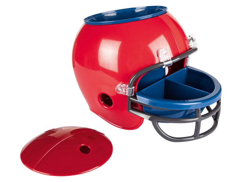 Een rode Amerikaanse voetbalhelm met een blauwe binnenkant en een losse deksel.