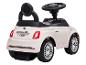 Voiture porteur blanche pour enfants avec volant et dossier noirs, vue de l'arrière.