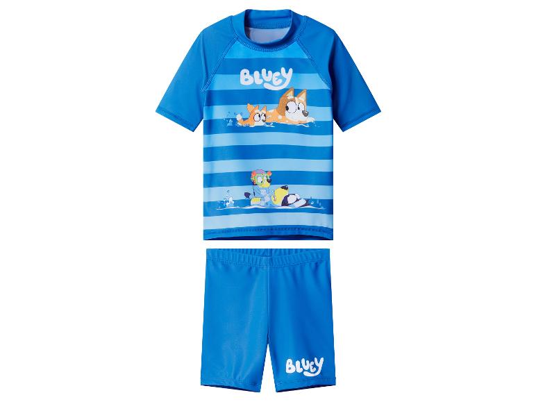 Blauwe kinderzwemset met gestreept T-shirt met korte mouwen en korte broek, bedrukt met stripfiguren.