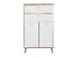 Witte schoenenkast met twee lades en twee deuren, met houten details en poten.