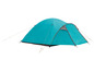 Een turquoise campingtent met een grijs detail.