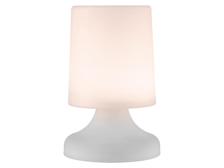 Witte tafellamp met een lichtgevende cilindrische kap en een afgeronde voet.