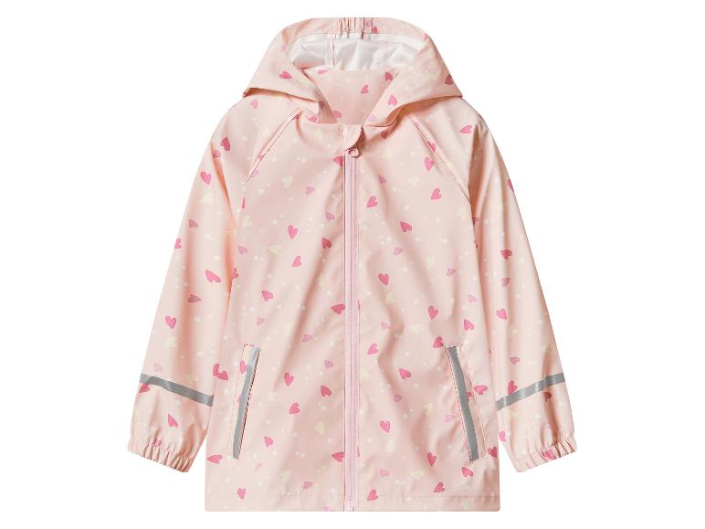 Imperméable rose pour enfant avec motif cœurs et pois, fermeture éclair et bandes réfléchissantes.