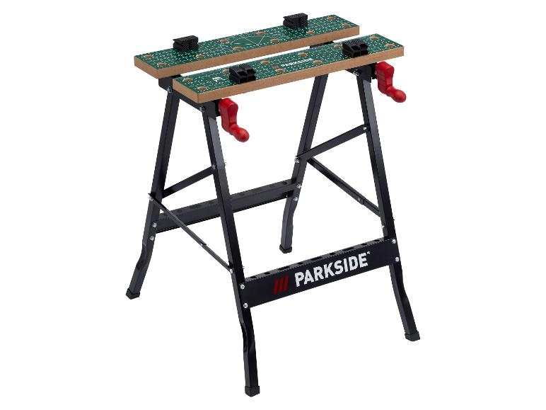 Opvouwbare werkbank met houten bladen en meetmarkeringen