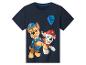 Donkerblauw kinder-T-shirt met Paw Patrol-print van Chase en Marshall en een blauwe PP-badge.
