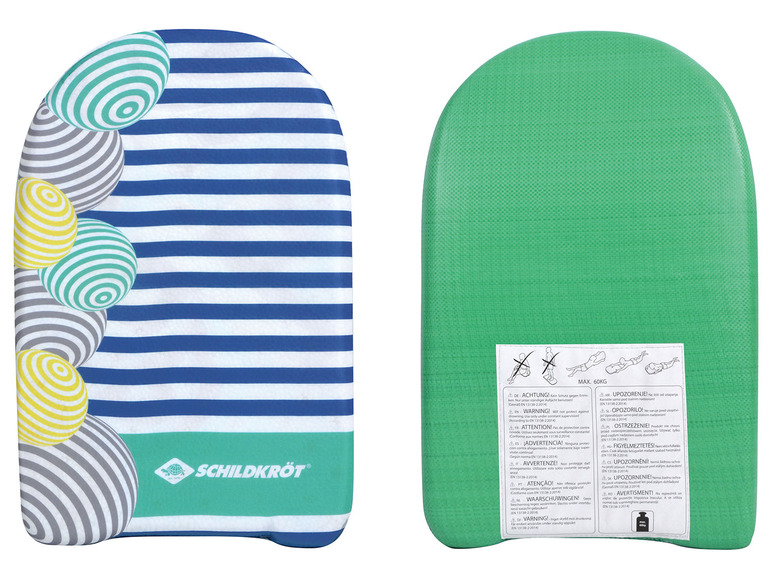 Een Schildkröt bodyboard met blauwe strepen en kleurrijke ballen.