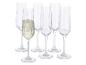 Six flûtes à champagne, une remplie de boisson pétillante.