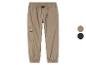 Pantalon cargo marron avec taille élastique et bas de jambes resserrés.