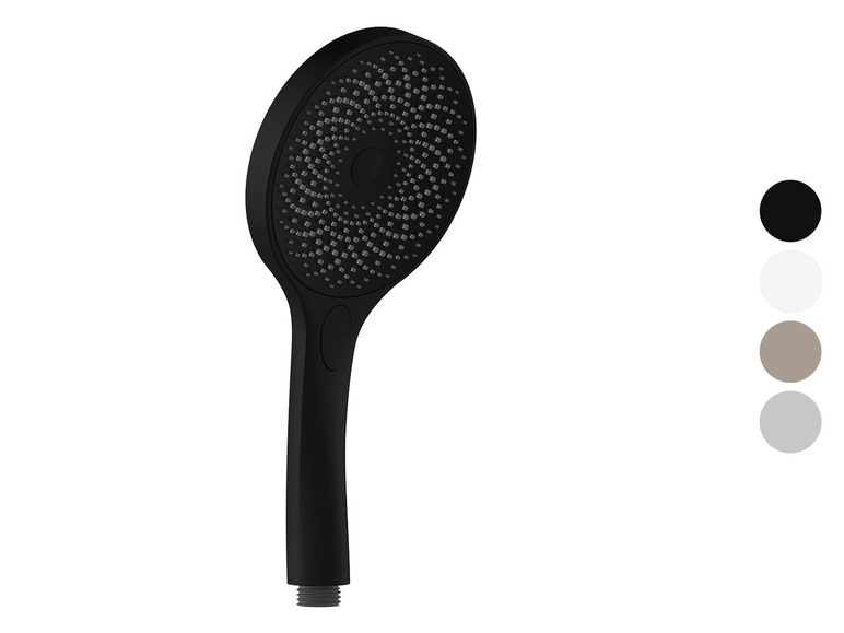 Une pomme de douche noire avec un motif de pulvérisation rond.