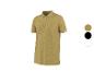 Polo homme à manches courtes jaune moutarde avec rayures blanches sur le col et les manches.