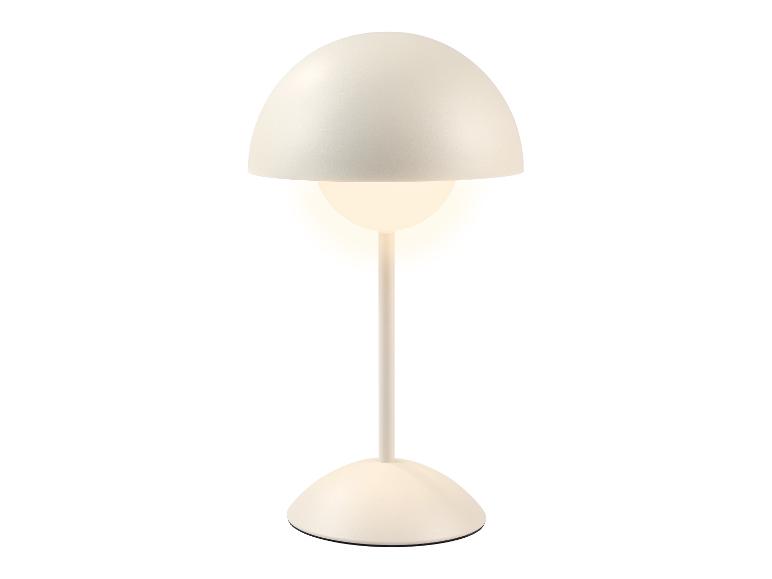 Witte tafellamp met halfronde kap en een gloeiende lamp.