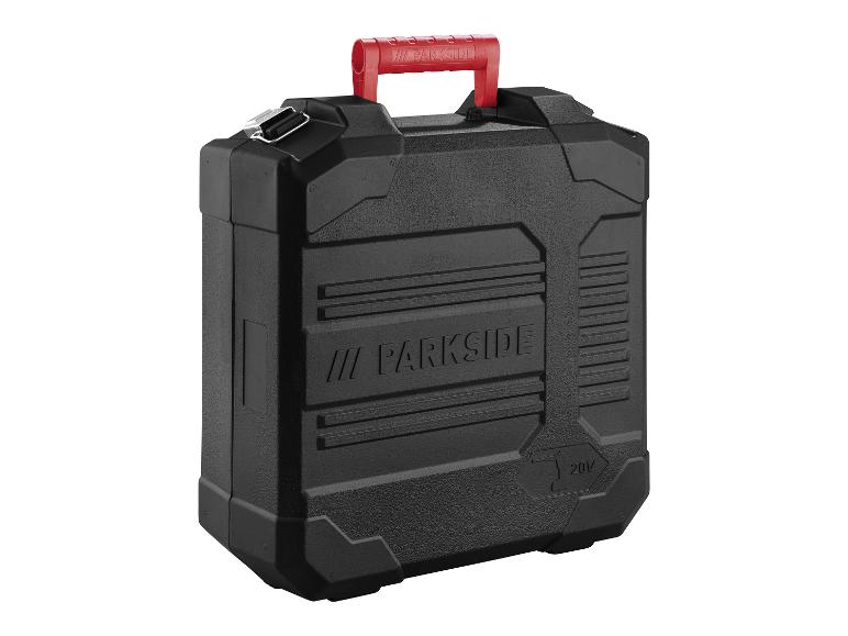 Une boîte à outils Parkside noire avec une poignée rouge.