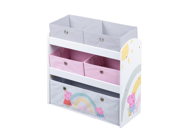 Een wit opbergrek met roze en grijze opbergbakken met Peppa Pig-thema.