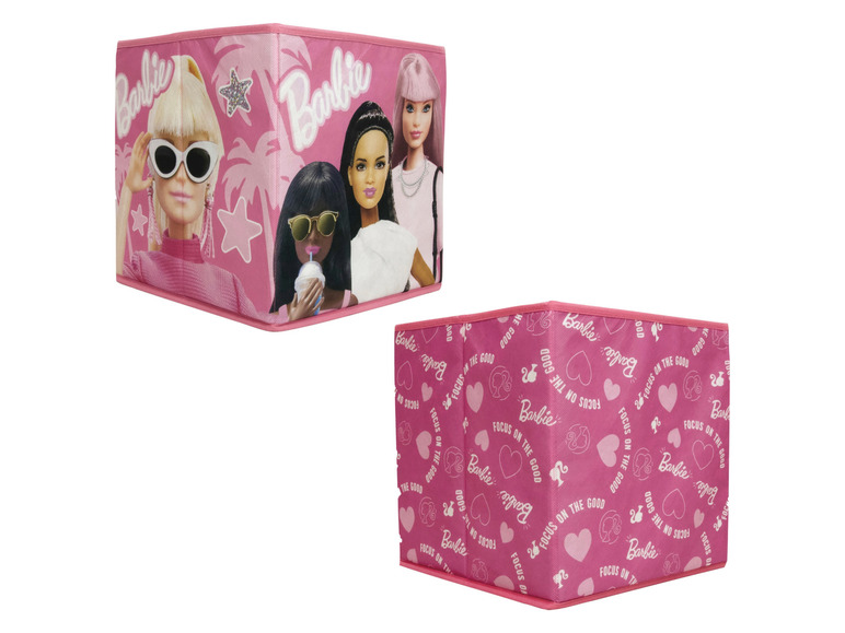 Deux boîtes de rangement roses avec des images de poupées Barbie