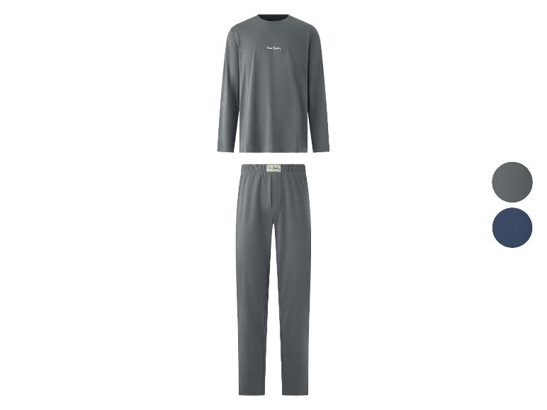 Donkergrijze herenpyjamaset met lange mouwen en broek, met logo.