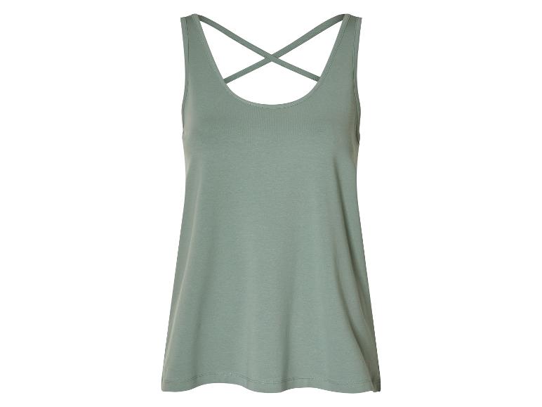 Haut débardeur vert, coupe ample, bretelles croisées.
