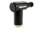 Pistolet de massage noir avec des détails dorés et des voyants bleus.