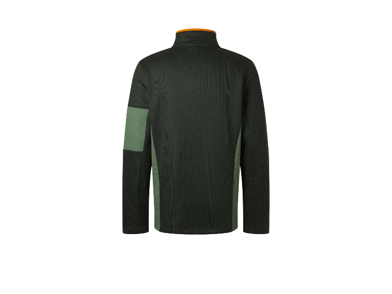 Une veste en polaire vert foncé avec un col orange et des détails vert clair.