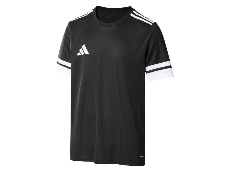 T-shirt de sport Adidas noir avec trois bandes blanches sur les épaules et les manches.