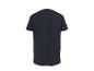 Achterkant van een donkerblauw heren T-shirt met korte mouwen.