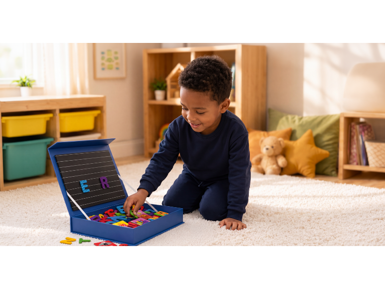 Lachende jongen speelt met magnetische letters op een tapijt in een kinderkamer.