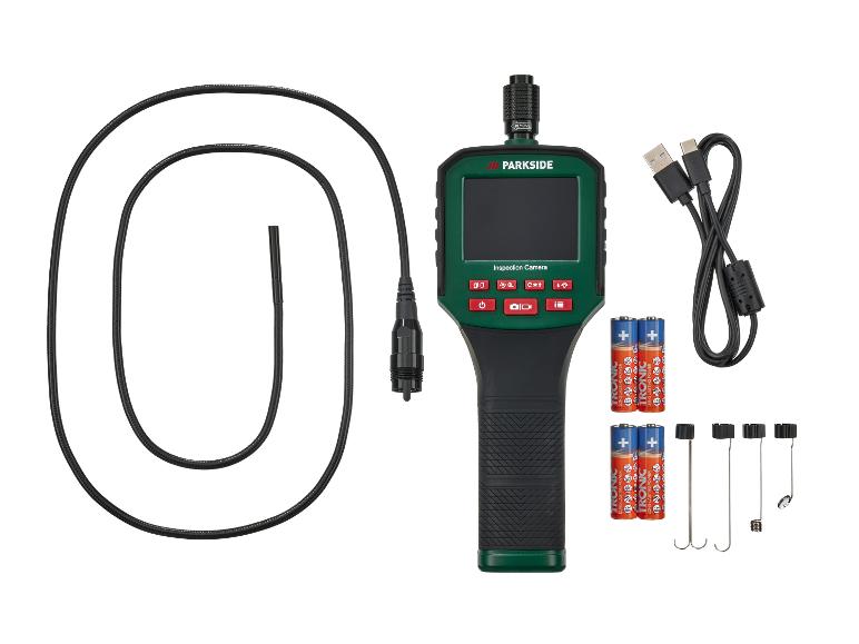 Inspectiecamera met flexibele sonde, USB-kabel, batterijen en diverse accessoires.