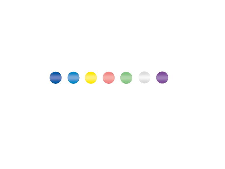 Une rangée de six points colorés : bleu, bleu clair, jaune, rose, vert, blanc et violet.
